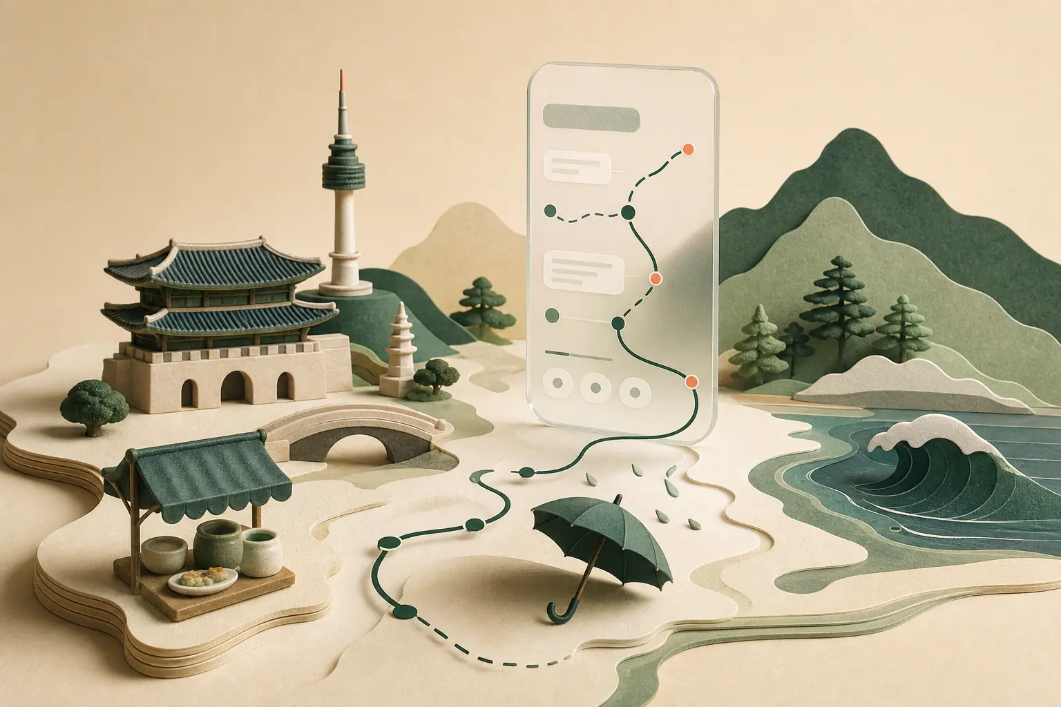도시의 궁궐과 산과 바다, 비 대응과 실제 경로를 표현한 플랜비 여행 일러스트